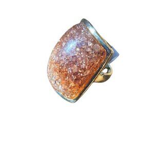 Druzy Crackled Amber Gold Tone Polished Faux Quartz Statement Ring, Sz 5.5